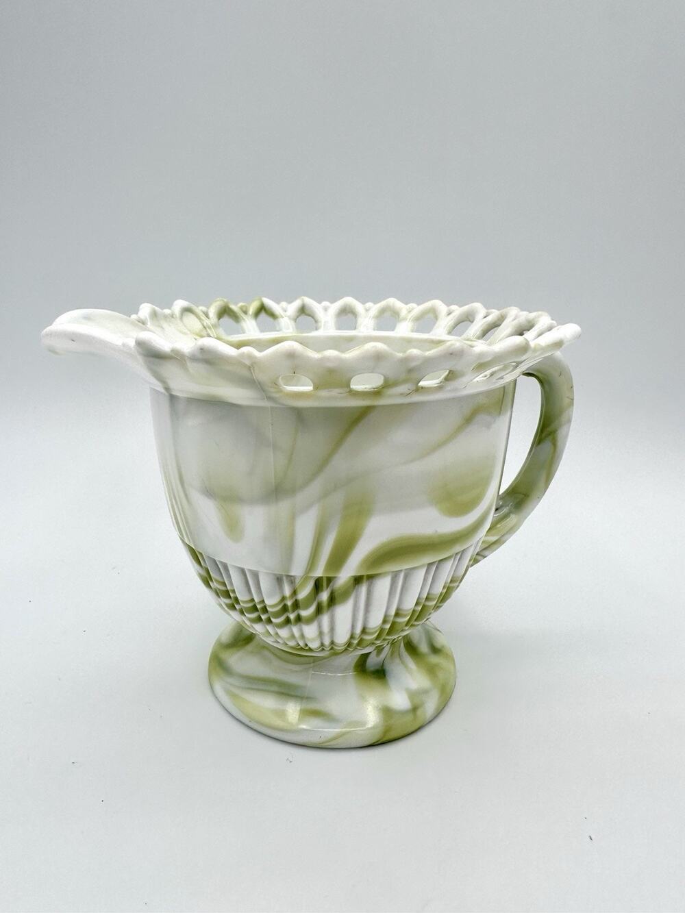 Antique Atterbury Green Moss Agate Marbled Lace Creamer EAPG Bowl Cup Milk Glass